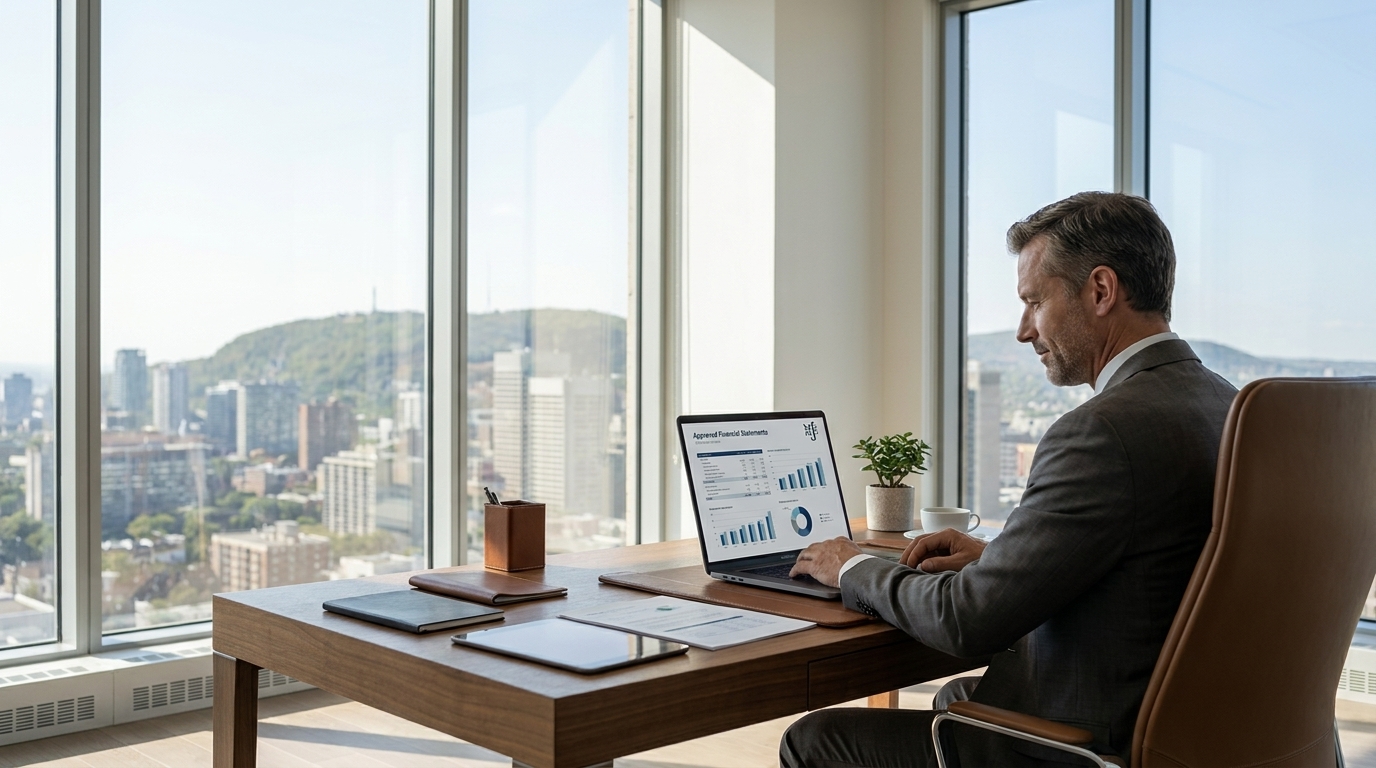 Dirigeant analysant ses états financiers dans un bureau surplombant Montréal
